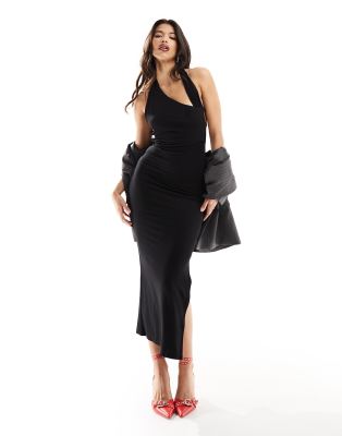 ASOS DESIGN - Hochgeschlossenes Midikleid in Schwarz mit Neckholder-Träger