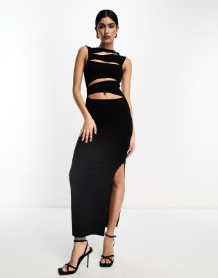 ASOS DESIGN - Hochgeschlossenes Midikleid in Schwarz mit Schlitz-Cut-Outs