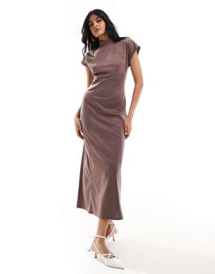 ASOS DESIGN - Hochgeschlossenes Midikleid in Taupe mit Flügelärmeln und Ziernähten-Neutral