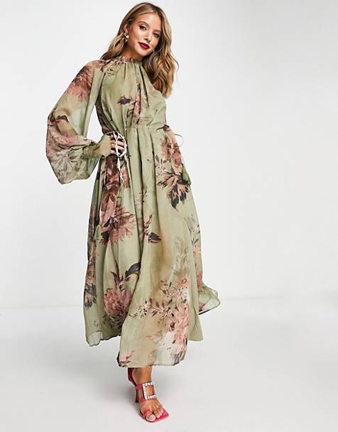 ASOS Damen Kleidung Kleider Bedruckte Kleider V neck oversized midi dress with drawstring in floral print 