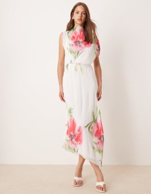 ASOS DESIGN - Hochgeschlossenes Midikleid mit Placement-Print und Knitterstruktur und Rückenausschnitt-Bunt