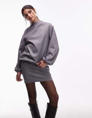 ASOS DESIGN - Hochgeschlossenes Minikleid im Blouson-Stil in Grau mit abgerundetem Ärmelschnitt