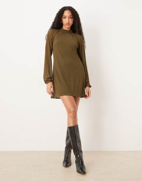 ASOS DESIGN – Hochgeschlossenes Minikleid in Khaki mit Ballonärmeln - view 1