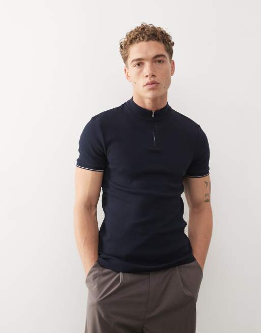 ASOS DESIGN – Hochgeschlossenes Muskel-T-Shirt in Marineblau mit Reißverschluss