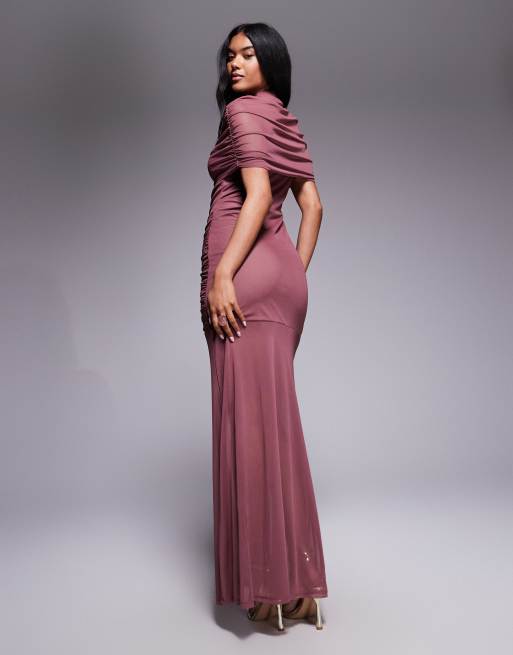 ASOS DESIGN – Hochgeschlossenes Netzstoff-Maxikleid in Altrosa mit Overlay und transparentem Rock, 3 von 4