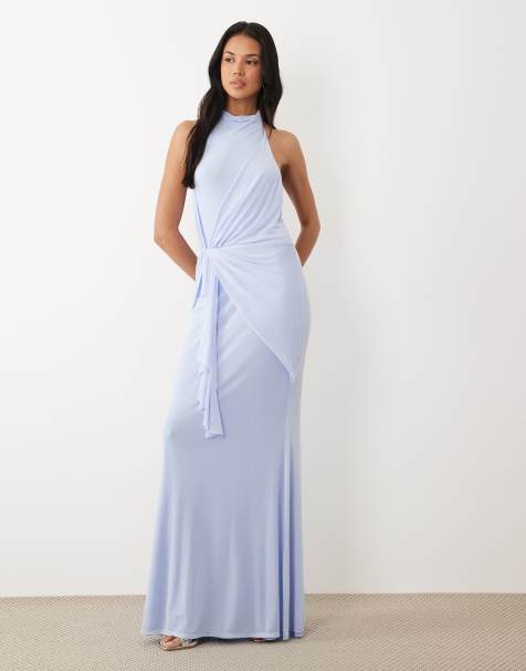 ASOS DESIGN – Hochgeschlossenes Netzstoff-Maxikleid in Babyblau mit drapiertem Rüschendetail - view 1