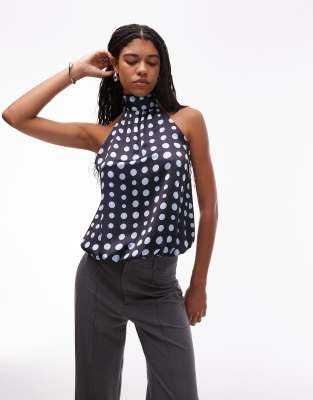 ASOS DESIGN - Hochgeschlossenes Oberteil aus Satin mit Ballonsaum und Punktemuster-Bunt