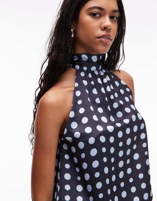 ASOS DESIGN – Hochgeschlossenes Oberteil aus Satin mit Ballonsaum und Punktemuster, 2 von 4