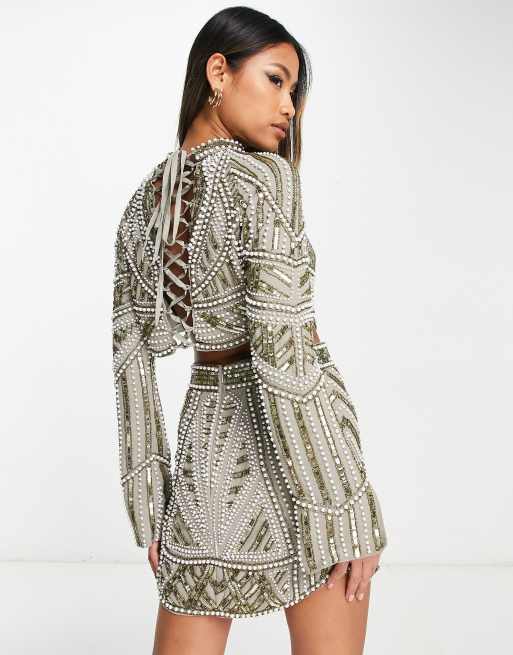 ASOS DESIGN – Hochgeschlossenes Oberteil in Khaki mit Perlen- und Paillettenverzierung, Kombiteil