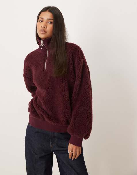 ASOS DESIGN – Hochgeschlossenes Oversize-Oberteil aus Teddyfell in Burgunderrot mit Reißverschluss - view 1