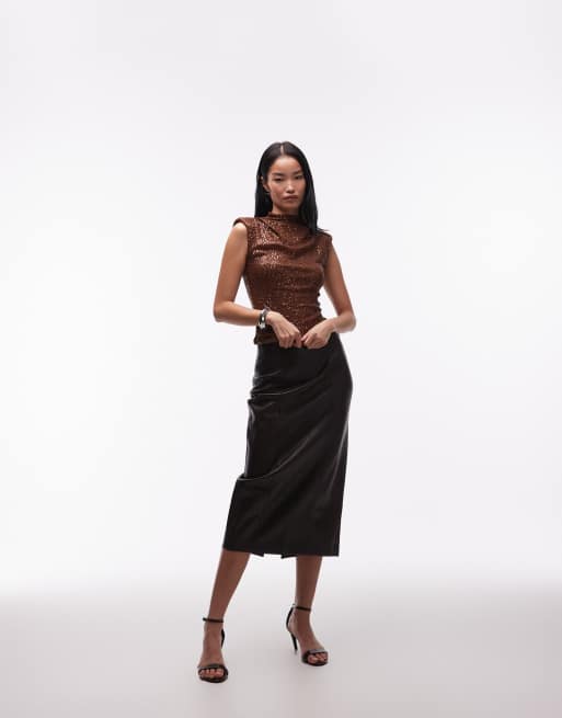 ASOS DESIGN – Hochgeschlossenes Pailletten-Oberteil in Braun mit Schulterpolstern, 2 von 4