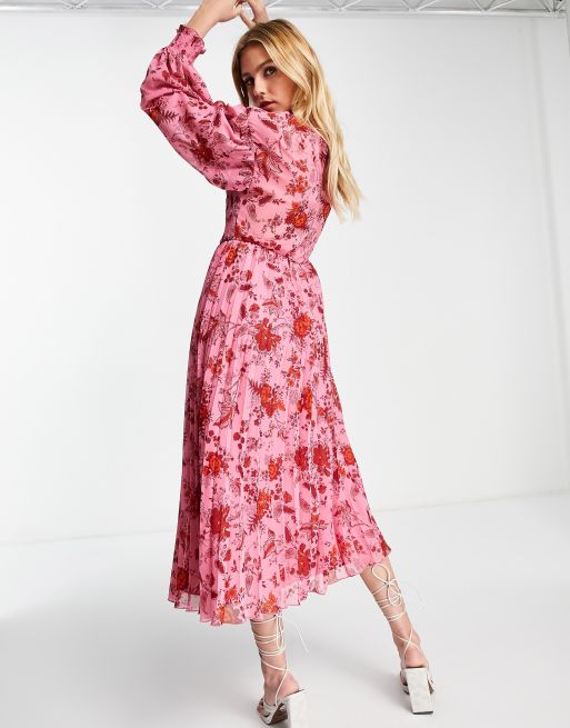 ASOS DESIGN Hochgeschlossenes plissiertes Midikleid mit gesmoktem Oberteil und Boho Paisleymuster