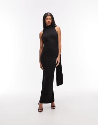 ASOS DESIGN - Hochgeschlossenes, rückenfreies Maxikleid in Schwarz mit drapiertem Schaldetail