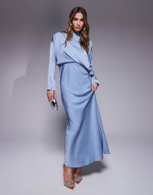 ASOS DESIGN - Hochgeschlossenes Satin-Maxikleid in Blau mit Ärmeldetail und Bias-Cut