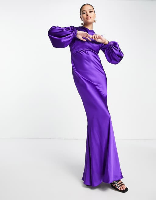 ASOS DESIGN – Hochgeschlossenes Satin-Maxikleid in Lila mit Blousonärmeln, 4 von 4