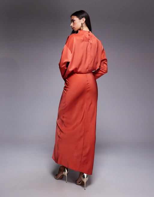 ASOS DESIGN – Hochgeschlossenes Satin-Maxikleid in Rostrot mit Ärmeldetail und Bias-Cut, 4 von 4