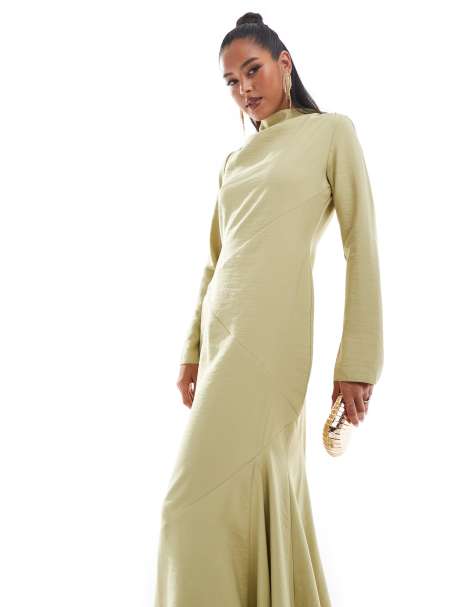 ASOS DESIGN – Hochgeschlossenes Satin-Maxikleid in zartem Limettengrün mit Ziernaht - view 1