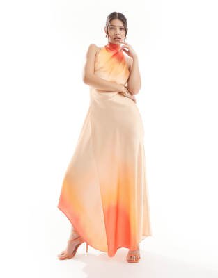 ASOS DESIGN - Hochgeschlossenes Satin-Maxikleid mit Rückenausschnitt und Farbverlauf in Orange-Bunt