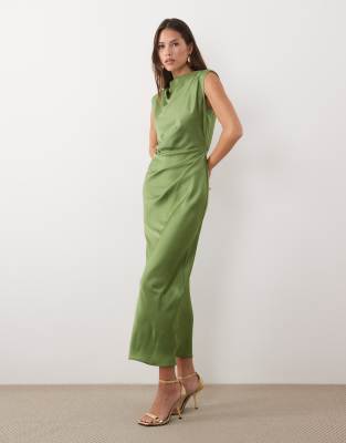 ASOS DESIGN - Hochgeschlossenes Satin-Midikleid in Grün mit Faltentop