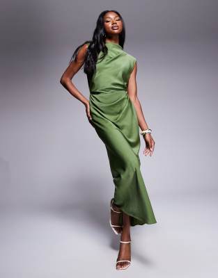 ASOS DESIGN - Hochgeschlossenes Satin-Midikleid in Olivgrün mit Faltentop