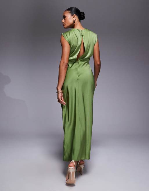 ASOS DESIGN – Hochgeschlossenes Satin-Midikleid in Olivgrün mit Faltentop, 4 von 4