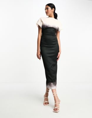 ASOS DESIGN - Hochgeschlossenes, schlichtes Midi-Bleistiftkleid mit Drapierung und schwarz-weißem Ombré-Muster-Bunt