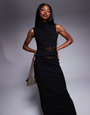 ASOS DESIGN - Hochgeschlossenes, strukturiertes Crinkle-Midikleid in Schwarz mit Cut-outs und Spitzen-Einsätzen