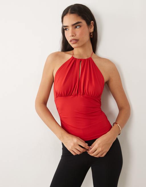 ASOS DESIGN – Hochgeschlossenes, tailliertes Neckholder-Oberteil aus Polyamid in Rot, 3 von 4
