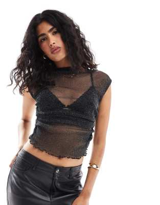 ASOS DESIGN - Hochgeschlossenes Tanktop in transparentem Glitzer-Schwarz mit seitlicher Raffung