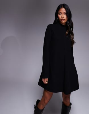 ASOS DESIGN - Hochgeschlossenes, trapezförmiges und superweiches Minikleid in Schwarz