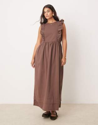 ASOS DESIGN - Hochgeschlossenes Twill-Midikleid in Braun mit gerüschtem Schulterdetail-Brown