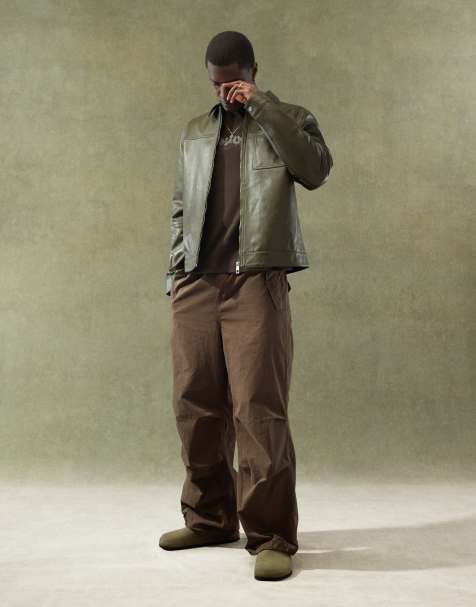 ASOS DESIGN – Hochwertige Harrington-Jacke aus echtem Leder in Grün - view 1