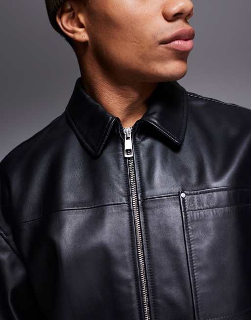 ASOS DESIGN – Hochwertige Harrington-Jacke aus echtem Leder in Schwarz, 4 von 4