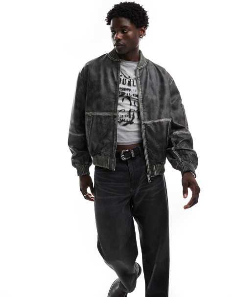 ASOS DESIGN – Hochwertige Oversize-Bomberjacke aus echtem Leder in Schwarz mit Abnutzungserscheinungen - view 1