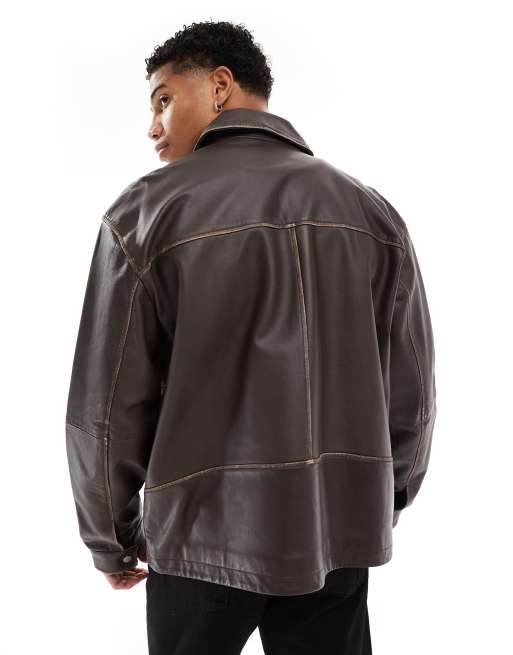 ASOS DESIGN – Hochwertige Oversize-Harrington-Jacke aus Echtleder in Braun mit Abnutzungseffekten, 3 von 4