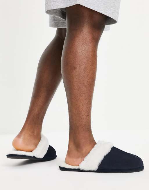 ASOS DESIGN – Hochwertige Schaffell-Hausschuhe in Marineblau mit cremefarbenem Futter, 2 von 4