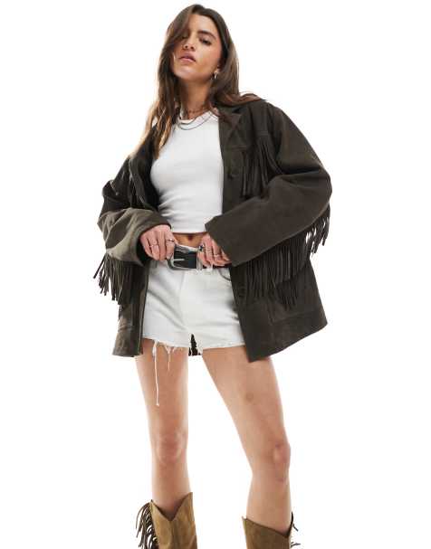 ASOS DESIGN – Hochwertige Wildleder-Jacke in dunklem Schokobraun mit Fransen - view 1