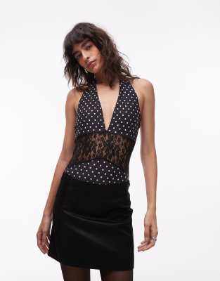 ASOS DESIGN - Hochwertiger, anschmiegsamer Body in Schwarz mit Neckholder, Spitzeneinsatz und Punktemuster-Bunt