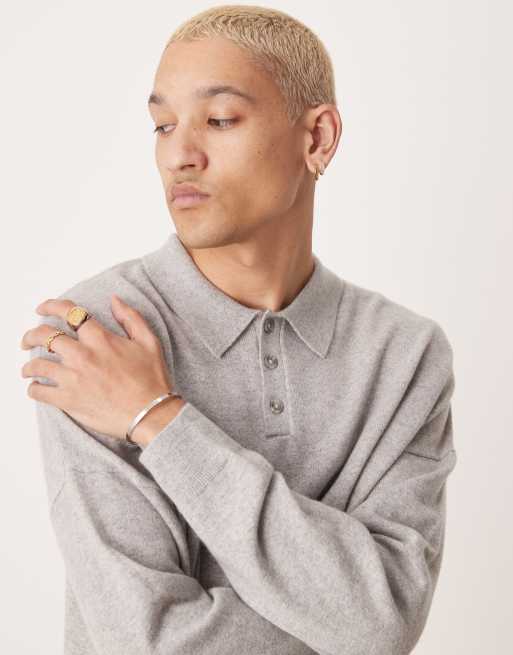 ASOS DESIGN – Hochwertiger, kastiger Oversize-Pullover in Hellgrau meliert mit Polokragen aus 100% Kaschmir, 3 von 4