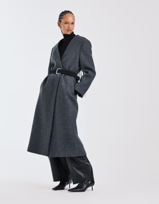 ASOS DESIGN - Hochwertiger, kragenloser Mantel aus Wollmix in Anthrazit-Grau