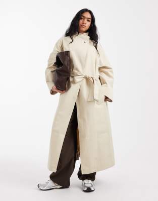 ASOS DESIGN - Hochwertiger Longline-Trenchcoat in Hellbeige mit Stehkragen-Neutral