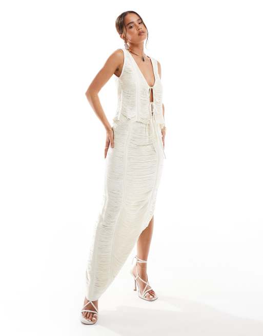 ASOS DESIGN – Hochwertiger Maxirock in Creme mit Fransen, Kombiteil