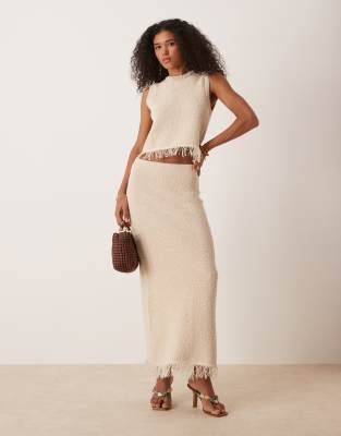 ASOS DESIGN - Hochwertiger, strukturierter Maxirock in Steinbeige mit Fransensaum, Kombiteil-Neutral
