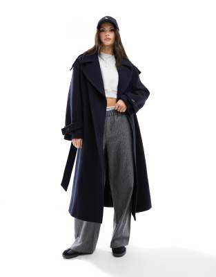 ASOS DESIGN - Hochwertiger Trenchcoat aus Wolle in Marineblau