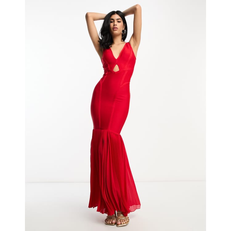 ASOS DESIGN Hochwertiges Bandagen Maxikleid in Rot mit tiefem Ausschnitt und plissiertem Saum ASOS