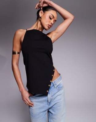 ASOS DESIGN - Hochwertiges Camisole-Top in Schwarz mit Knopfdetails