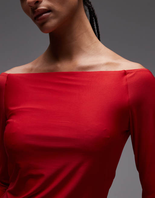 ASOS DESIGN – Hochwertiges, figurbetontes Oberteil in Rot mit hohem Carmen-Ausschnitt, 2 von 4