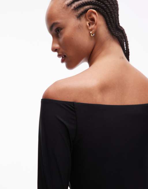 ASOS DESIGN – Hochwertiges, figurbetontes Oberteil in Schwarz mit hohem Carmen-Ausschnitt, 2 von 4