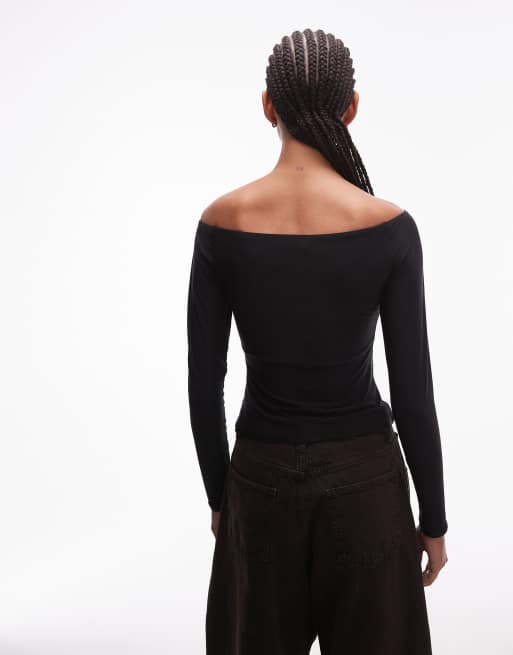 ASOS DESIGN – Hochwertiges, figurbetontes Oberteil in Schwarz mit hohem Carmen-Ausschnitt, 4 von 4