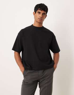 Hochwertiges, kastiges Oversize-T-Shirt aus Interlock-Jersey in Schwarz Schwarz L